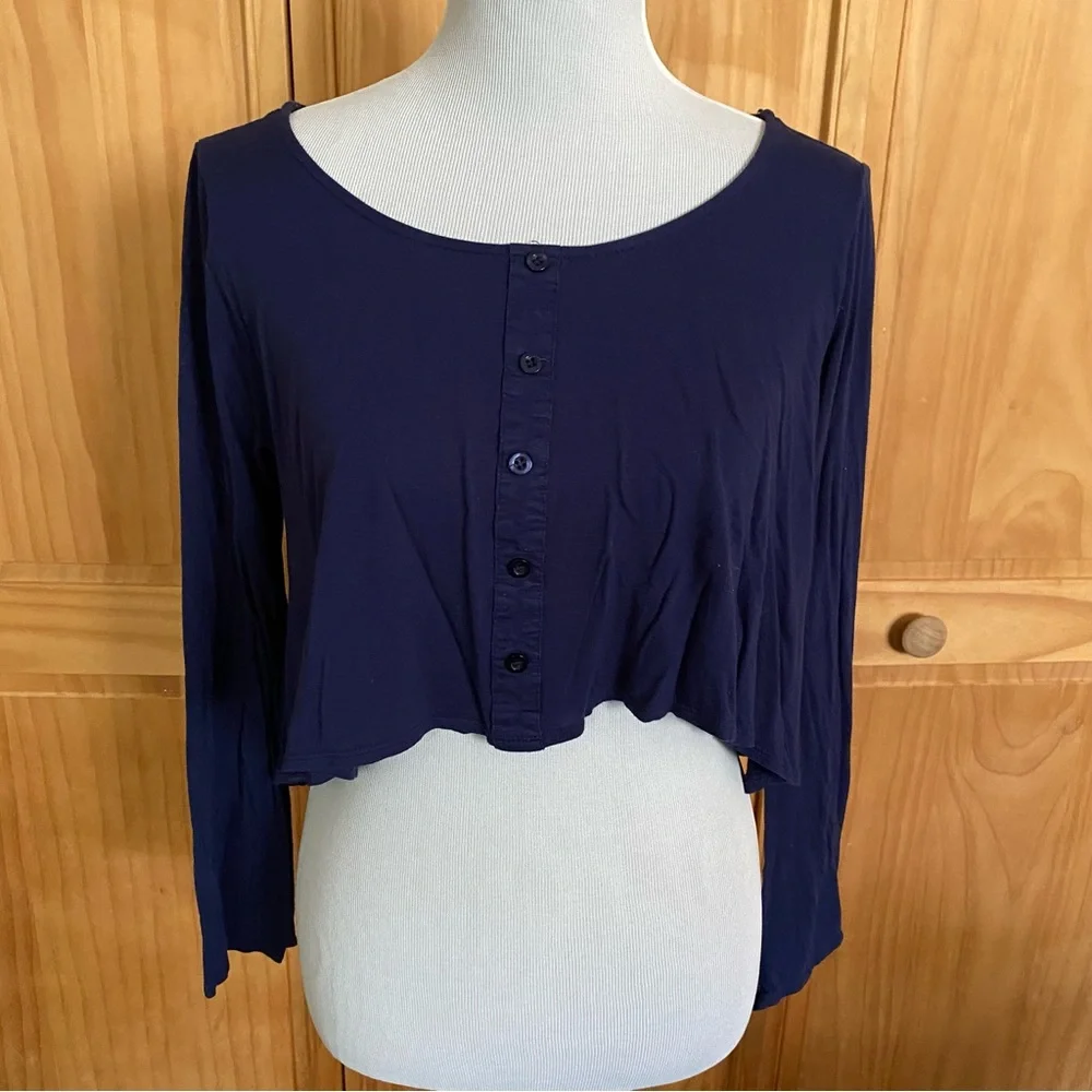 Anthropologie Navy Blue Button-Front Long-Sleeve Crop Top